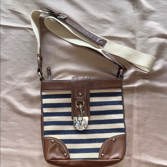 Chaps Ralph Lauren Preppy Nautical Stripe Crossbody Bag Navy Cream & Brown Trim - Picture 2 of 13